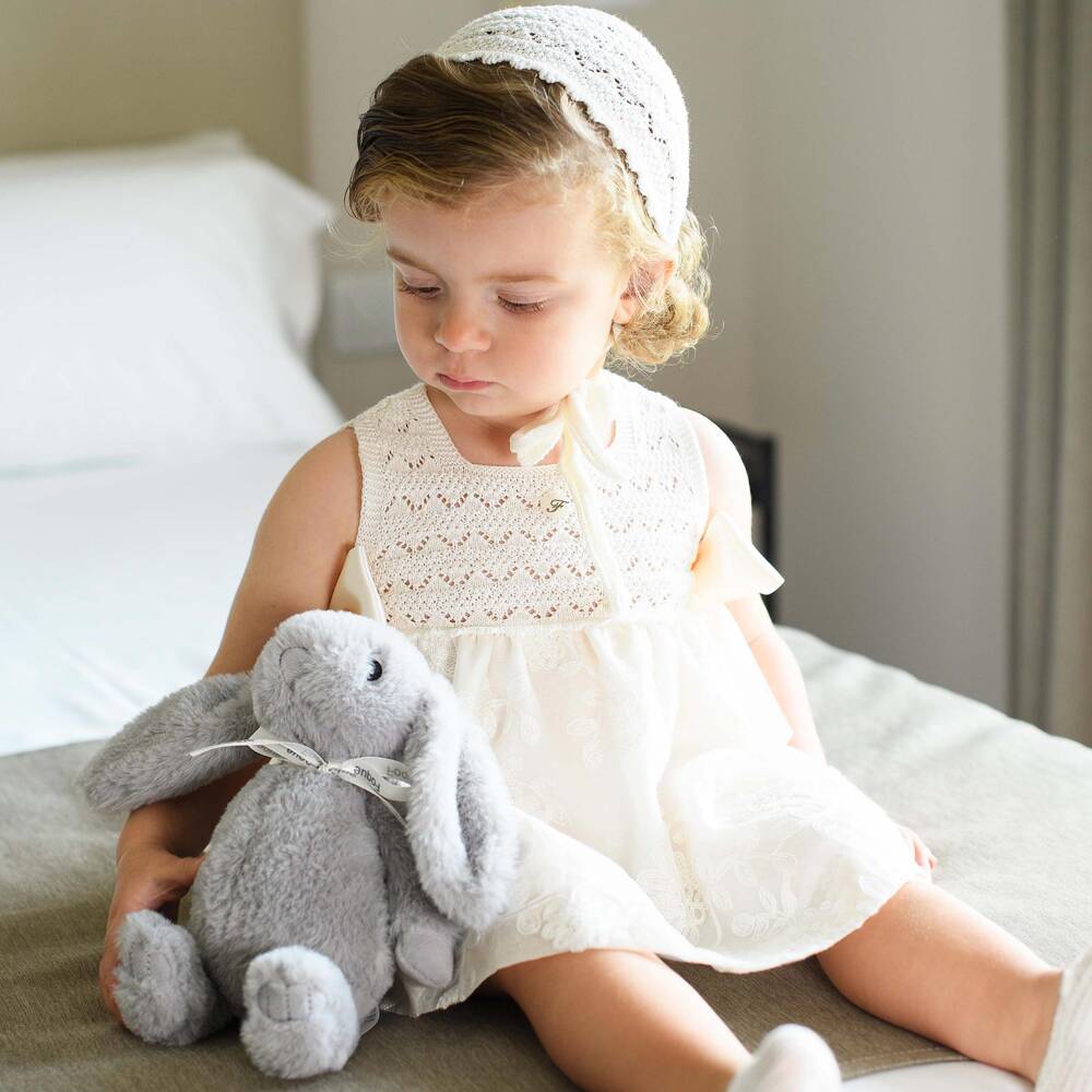 Foque-Baby Girls Ivory Knit & Floral Organza Dress | Childrensalon Outlet