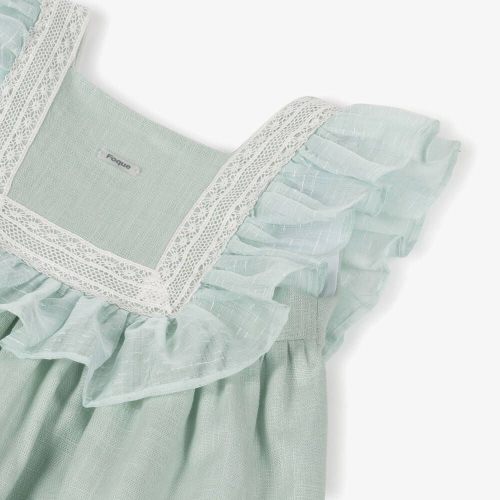 Foque-Baby Girls Mint Green Linen & Lace Dress | Childrensalon Outlet