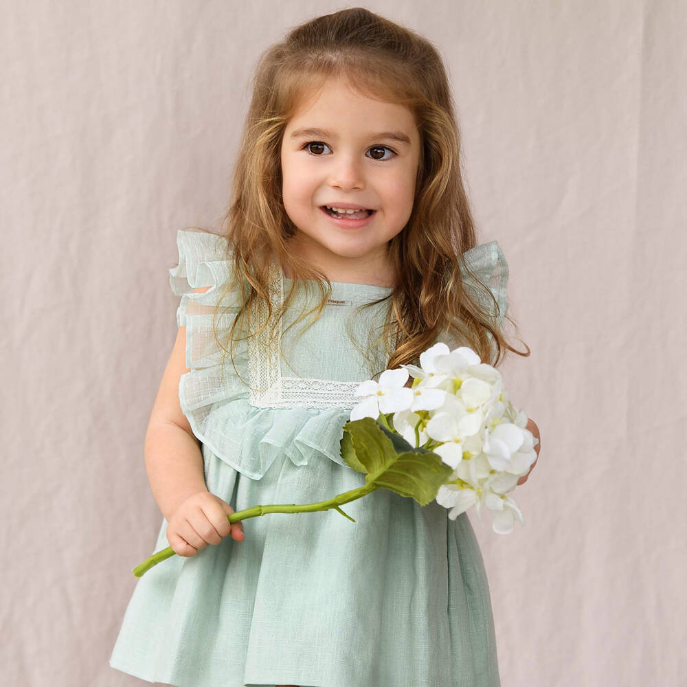 Foque-Baby Girls Mint Green Linen & Lace Dress | Childrensalon Outlet
