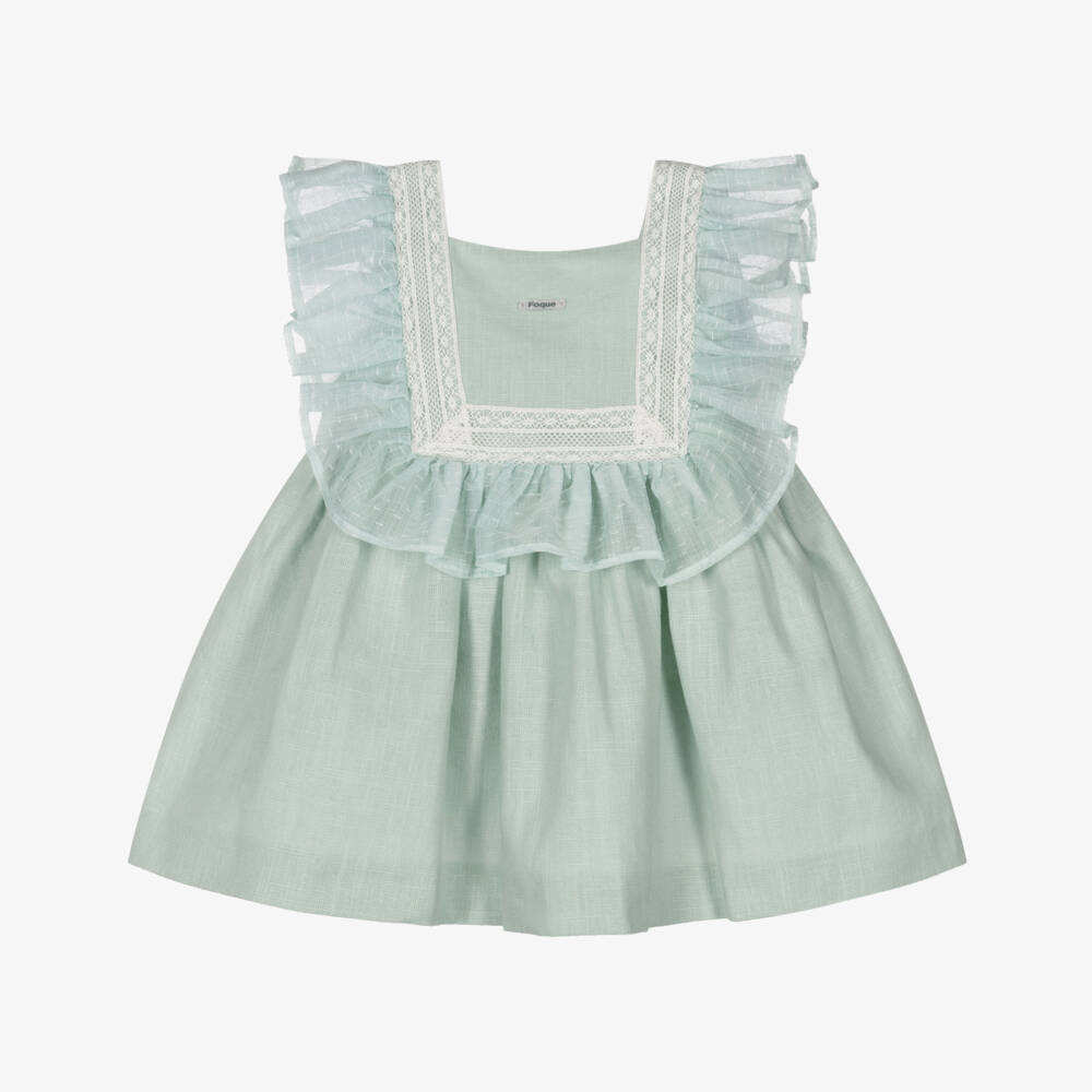 Foque-Baby Girls Mint Green Linen & Lace Dress | Childrensalon Outlet