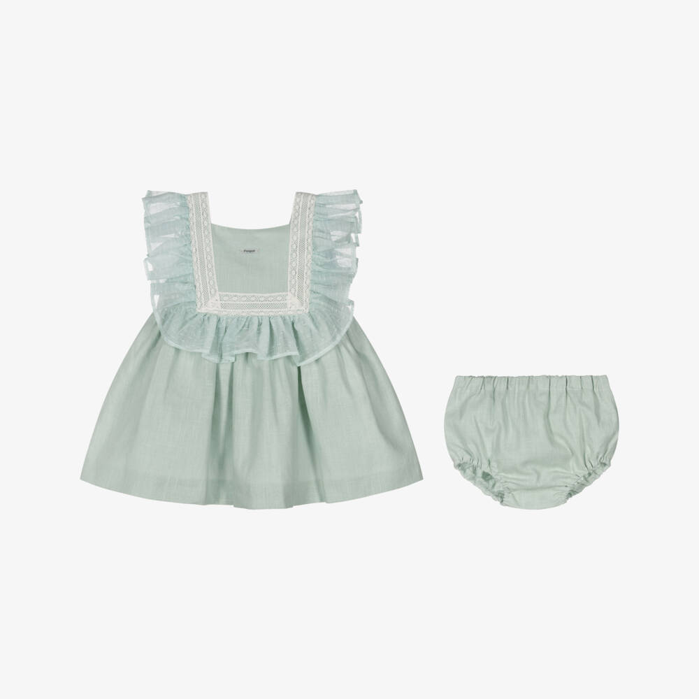 Foque-Baby Girls Mint Green Linen & Lace Dress | Childrensalon Outlet