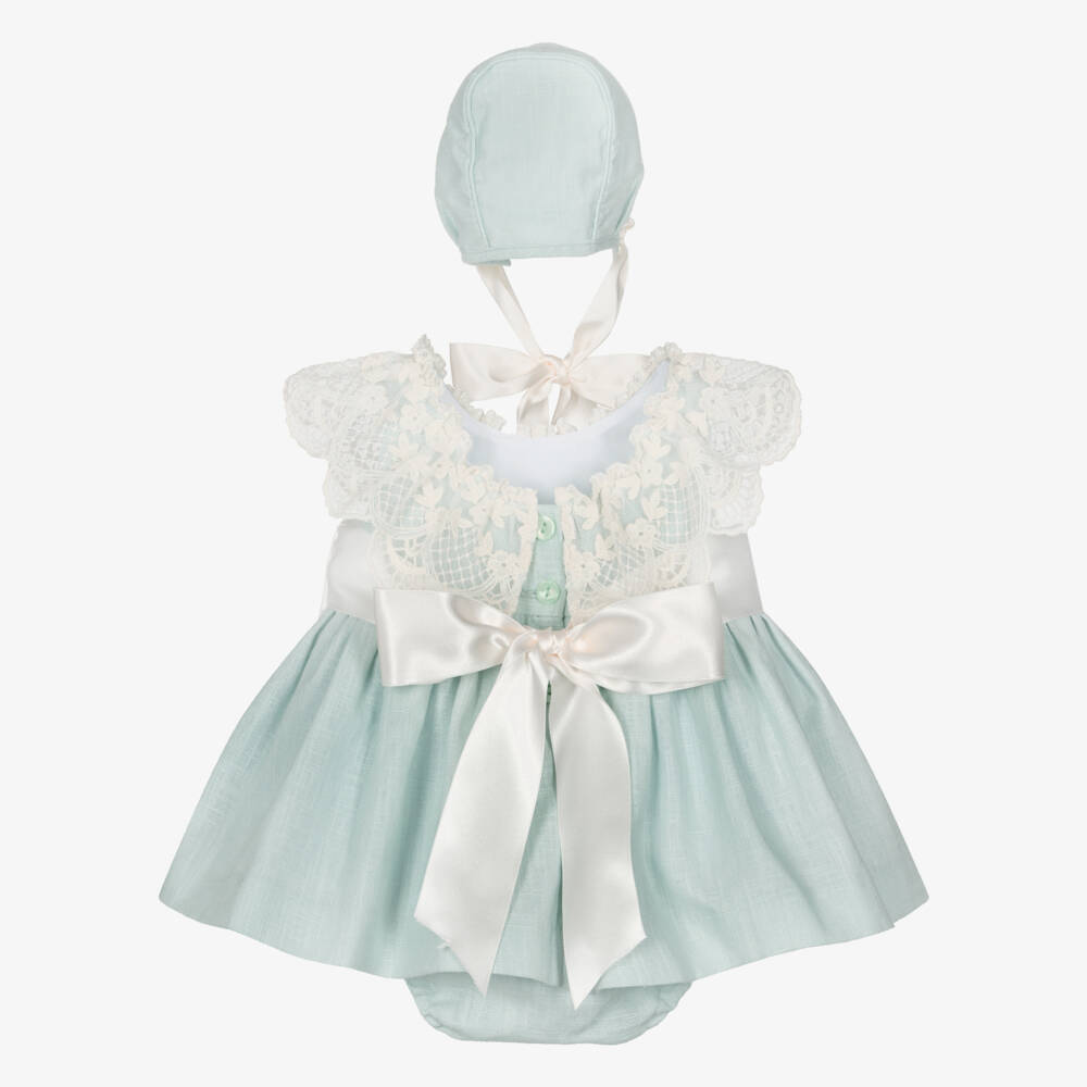 Foque-Baby Girls Mint Green Linen & Lace Dress Set | Childrensalon Outlet