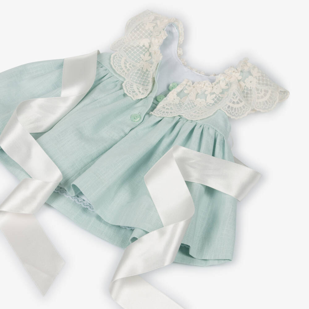 Foque-Baby Girls Mint Green Linen & Lace Dress Set | Childrensalon Outlet