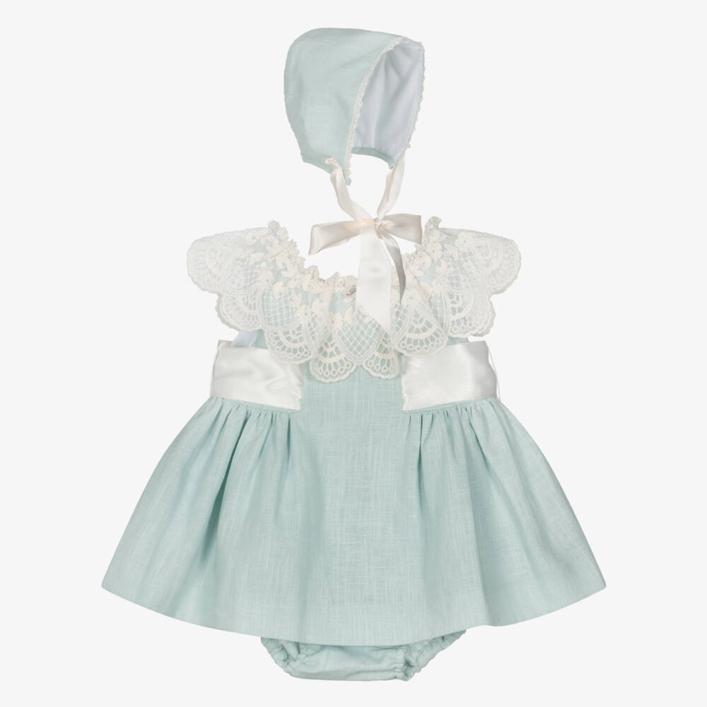 Foque-Baby Girls Mint Green Linen & Lace Dress Set | Childrensalon Outlet