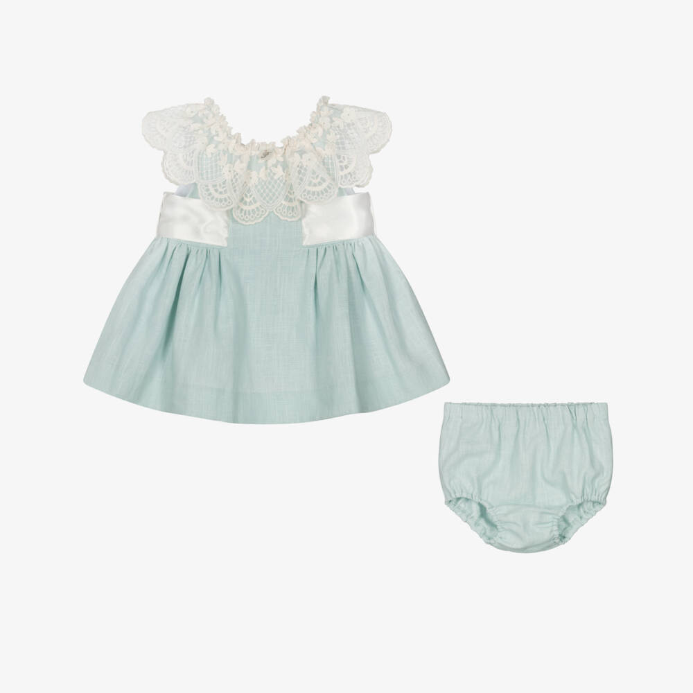 Foque-Baby Girls Mint Green Linen & Lace Dress Set | Childrensalon Outlet