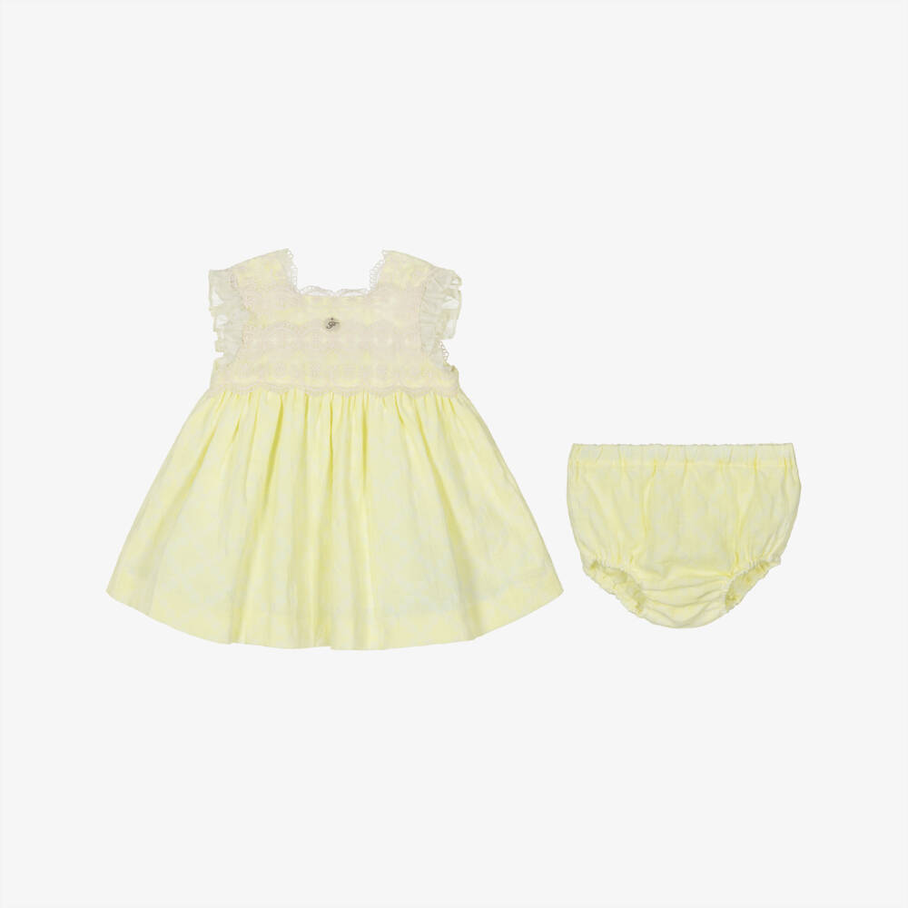 Foque-Baby Girls Pastel Yellow Lace Trim Dress | Childrensalon Outlet