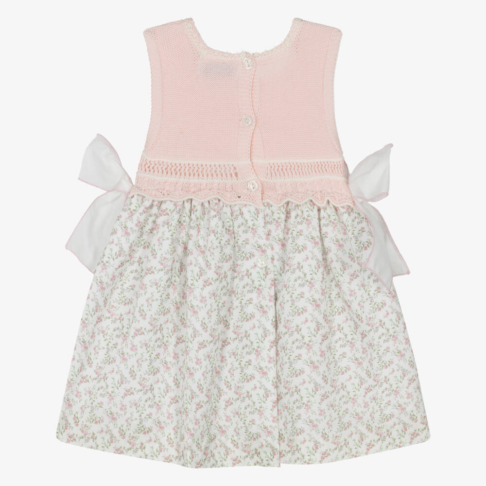 Foque-Baby Girls Pink Floral Cotton Dress with Knitted Bodice | Childrensalon Outlet