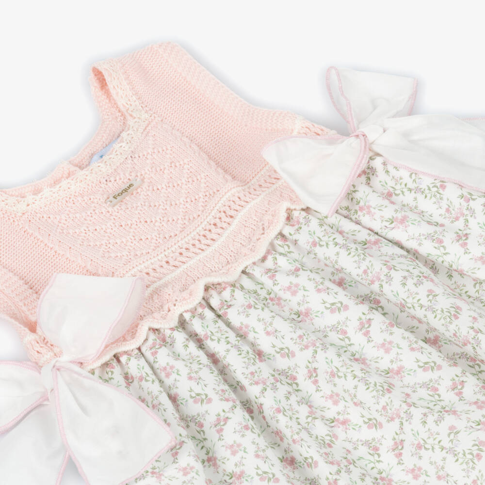 Foque-Baby Girls Pink Floral Cotton Dress with Knitted Bodice | Childrensalon Outlet