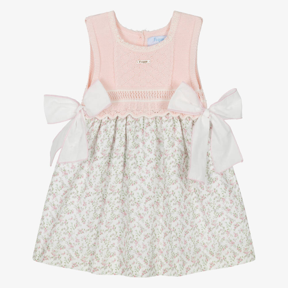 Foque-Baby Girls Pink Floral Cotton Dress with Knitted Bodice | Childrensalon Outlet