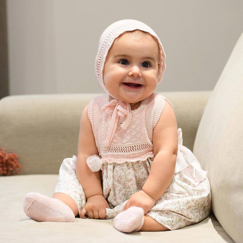Foque-Baby Girls Pink Floral Cotton Dress with Knitted Bodice | Childrensalon Outlet