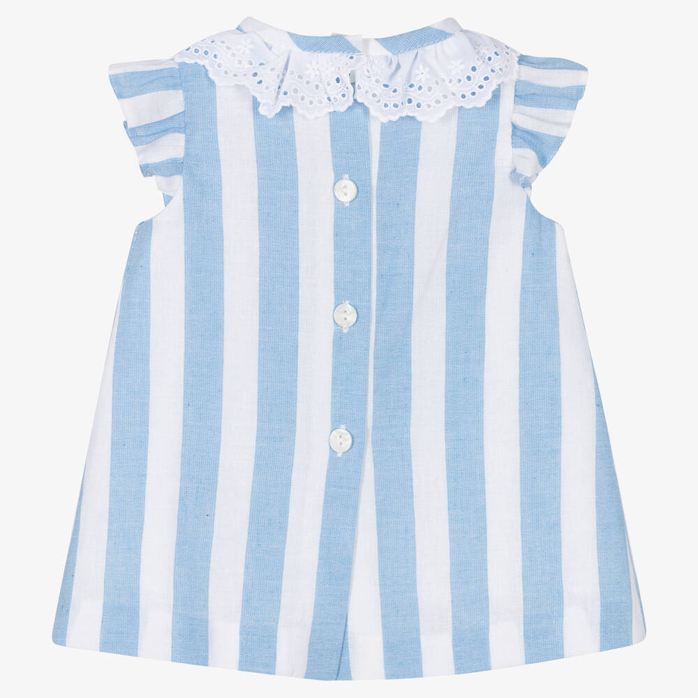 Foque-Baby Girls White & Blue Striped Cotton Dress | Childrensalon Outlet