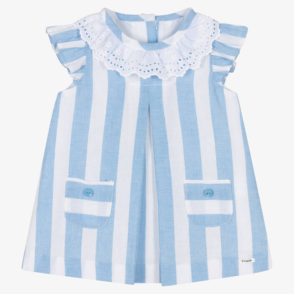 Foque - Baby Girls White & Blue Striped Cotton Dress | Childrensalon