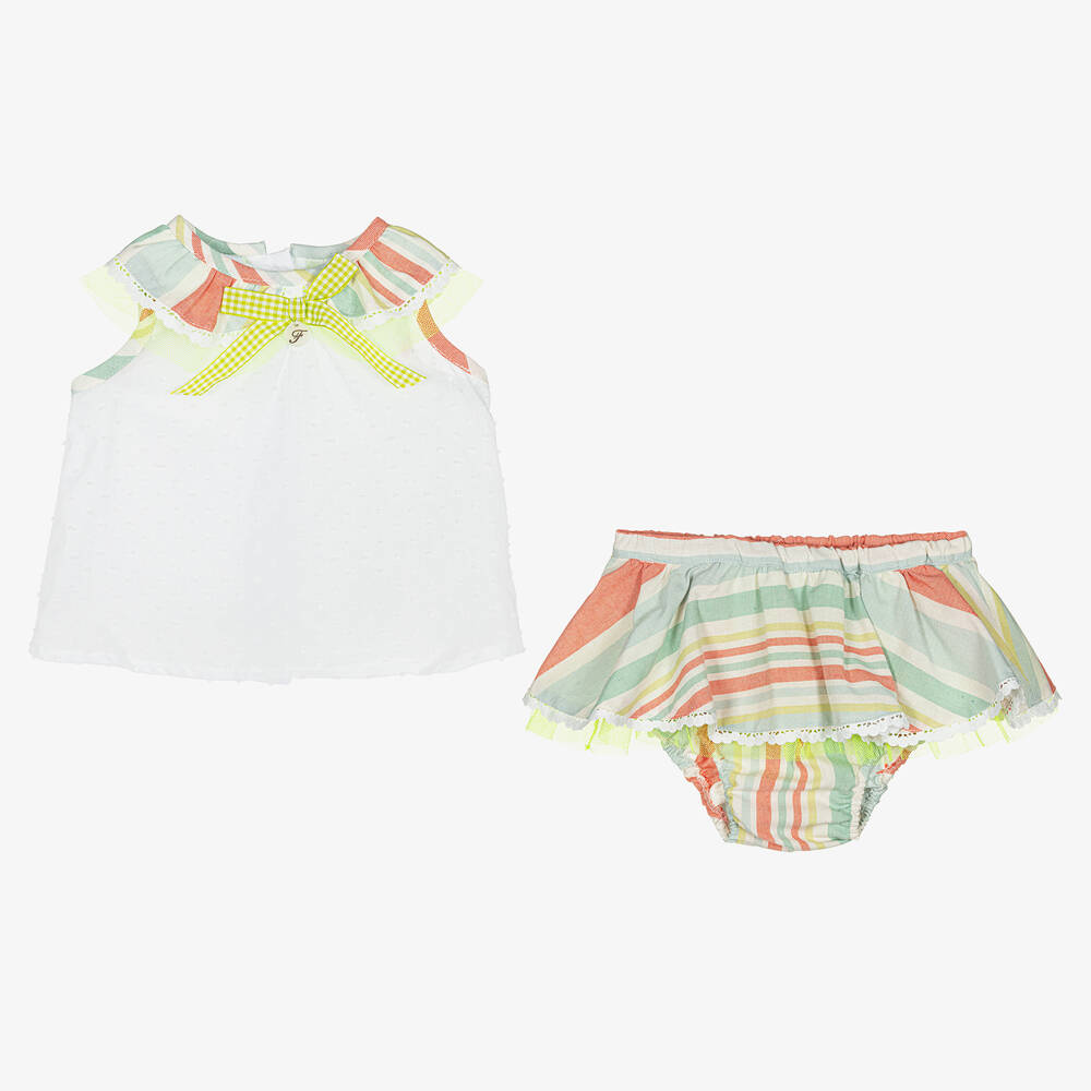 فوكيه-طقم شورت قطن جيرسي مقلم لون أبيض للمولودات | Childrensalon Outlet