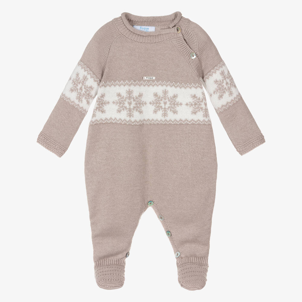 Foque - Beige Cotton & Wool Snowflake Babygrow | Childrensalon