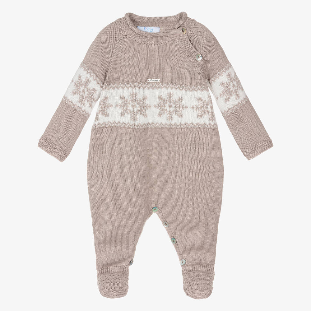 Foque-Beige Cotton & Wool Snowflake Babygrow | Childrensalon Outlet