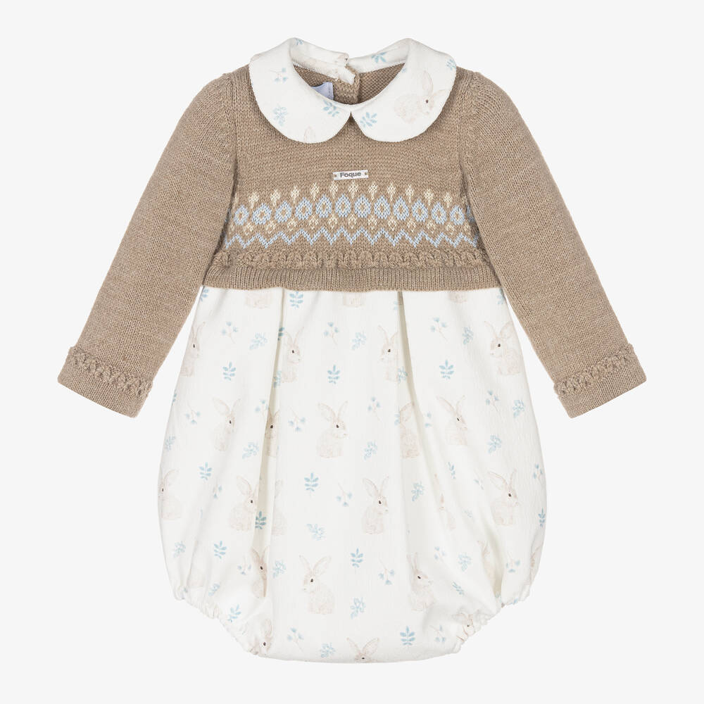 Foque - Barboteuse velours beige et ivoire  | Childrensalon