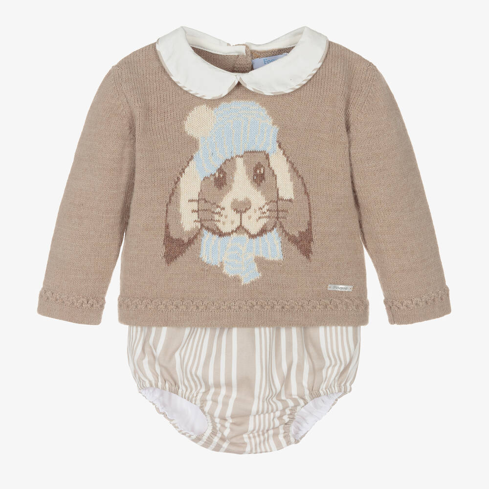 Foque-Beige Knitted Bunny Shorts Set  | Childrensalon Outlet