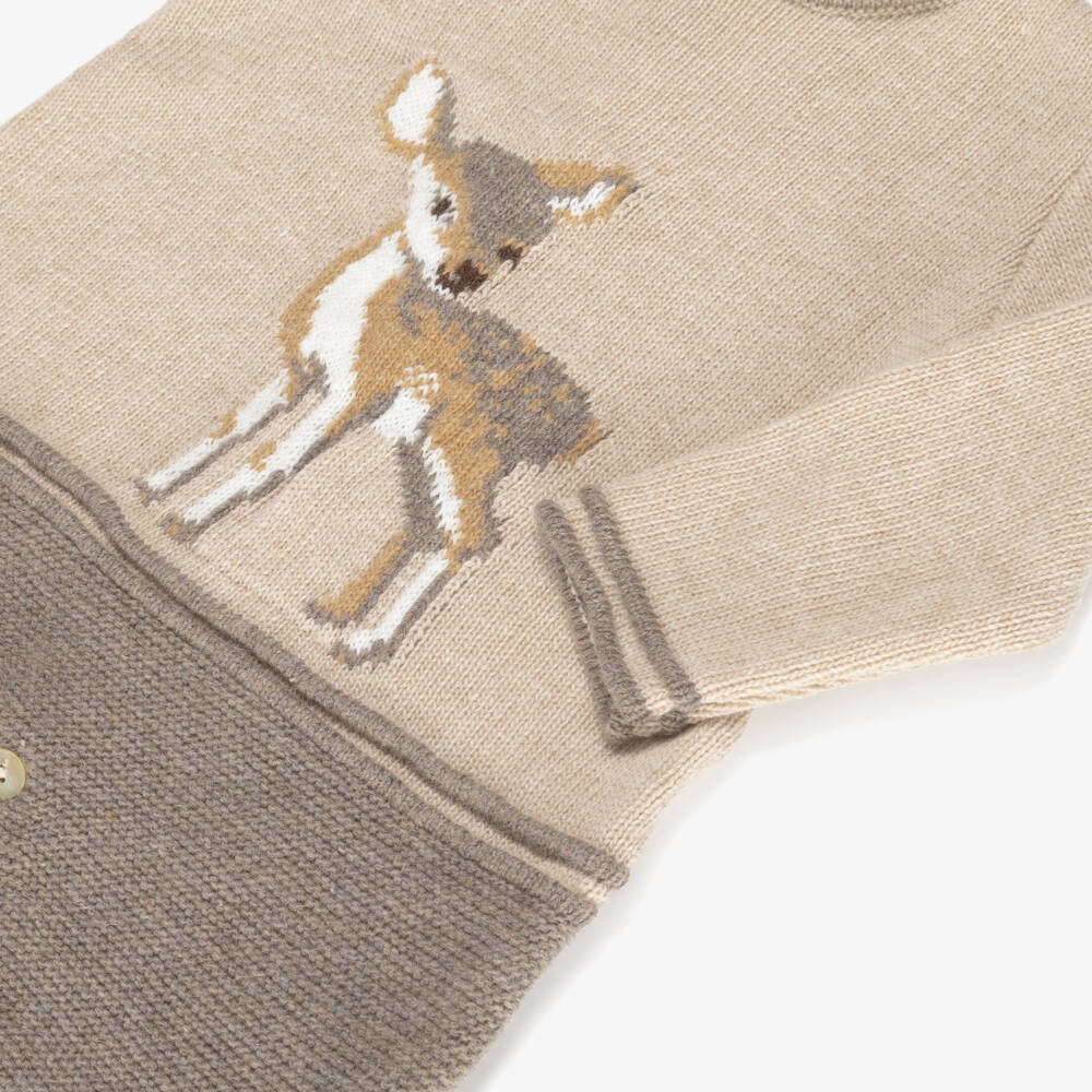 Foque-Beige & Taupe Knitted Babygrow with Deer Motif | Childrensalon Outlet