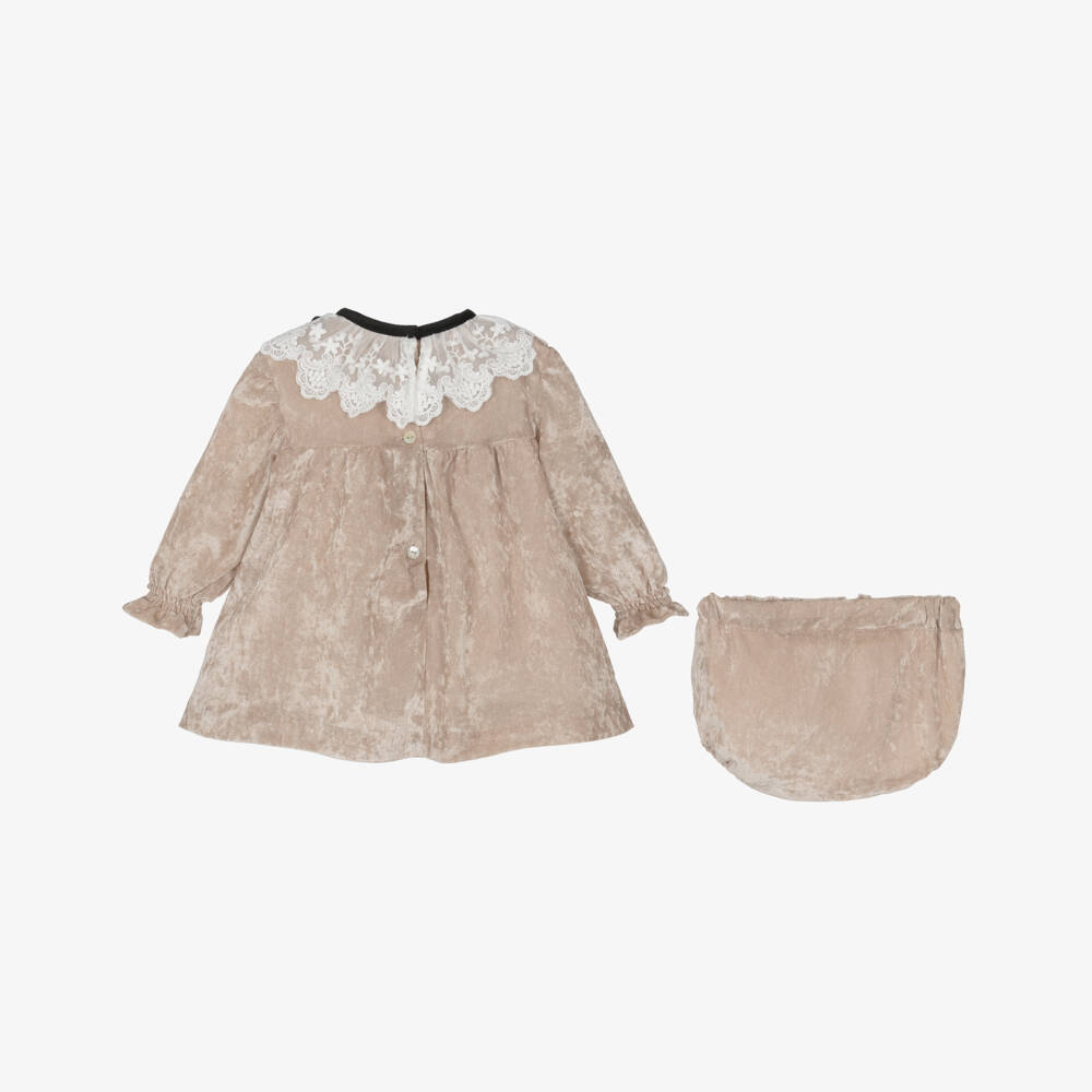 Foque-Beige Tulle Velour Lace Trim Dress | Childrensalon Outlet