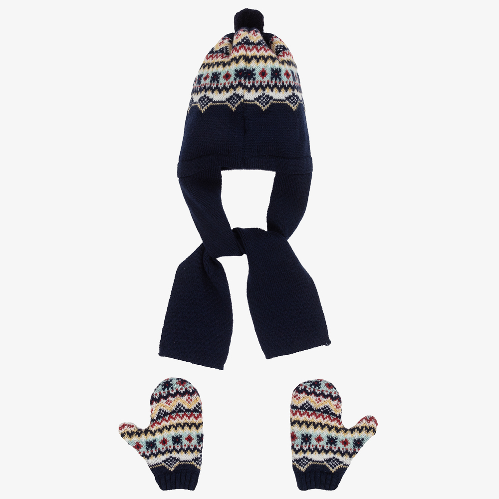 Foque-قبعة وقفازات مزيج صوف محبوك لون كحلي للأولاد | Childrensalon Outlet