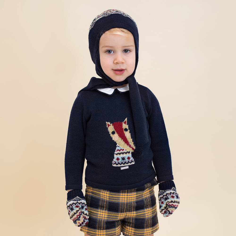 Foque-قبعة وقفازات مزيج صوف محبوك لون كحلي للأولاد | Childrensalon Outlet