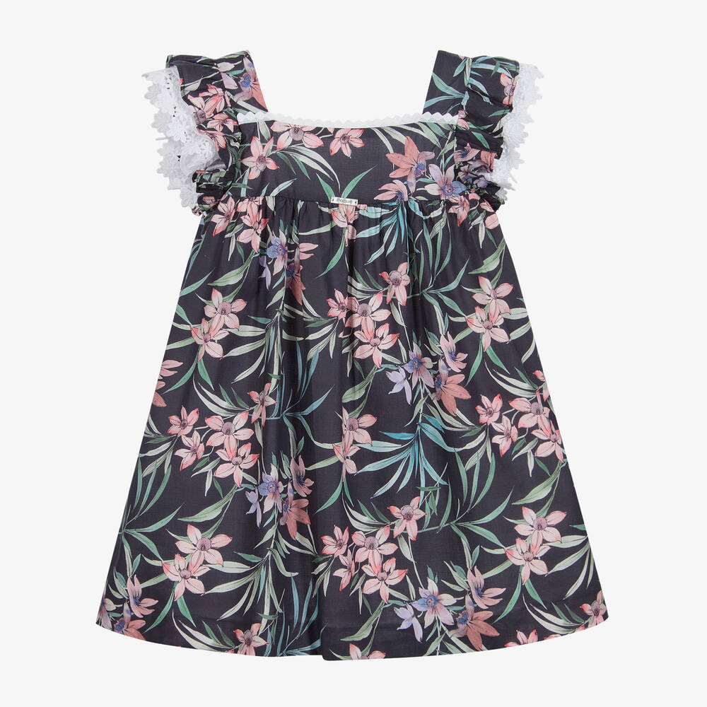 Foque-Blue Floral Printed Dress  | Childrensalon Outlet