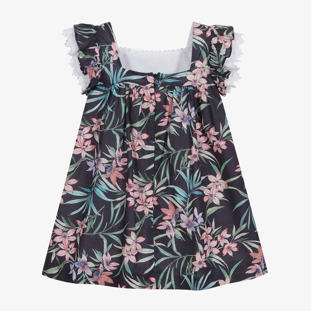 فوكيه-فستان قطن لون أزرق بطبعة ورود للبنات | Childrensalon Outlet