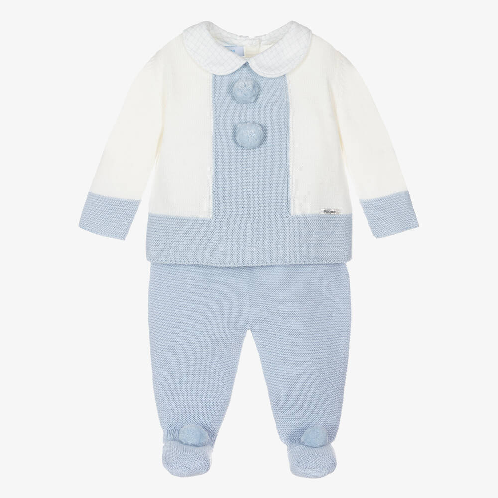 Foque - Blue & Ivory Knitted 2 Piece Babygrow  | Childrensalon