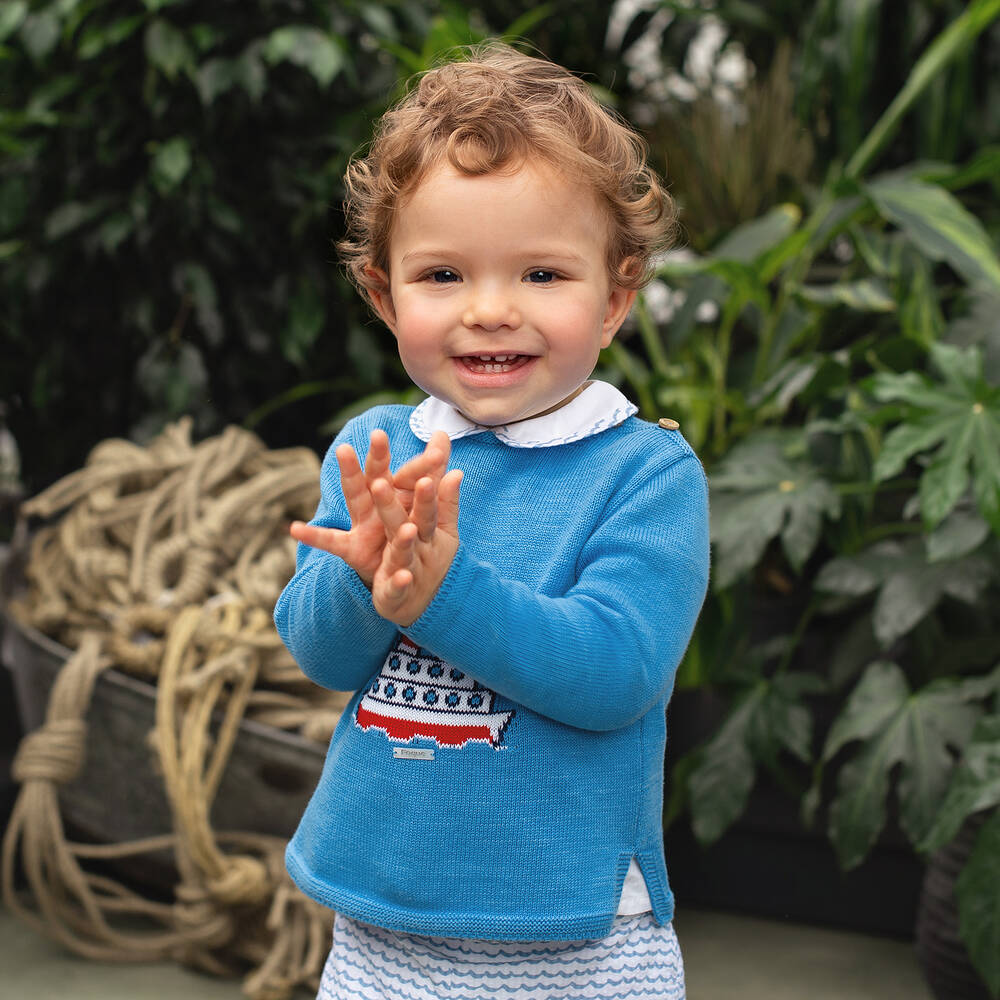 Foque-Blue Knitted Cotton Sweater | Childrensalon Outlet