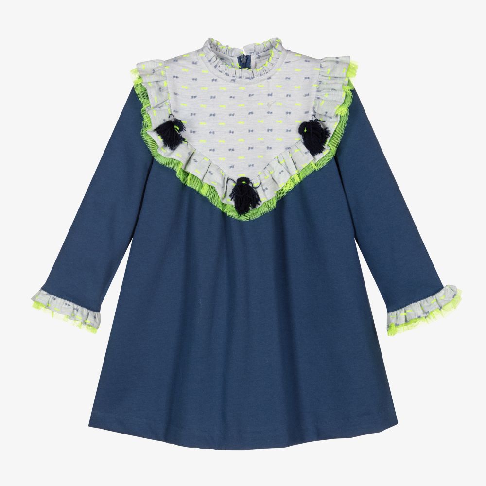 Foque - Blaues Jerseykleid mit neonfarbenem Besatz  | Childrensalon