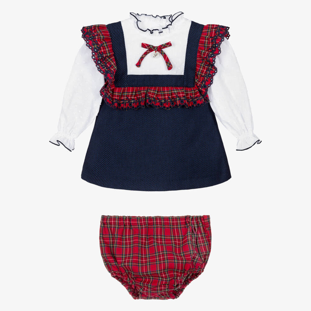 Foque-Blue Tartan Trim Dress | Childrensalon Outlet