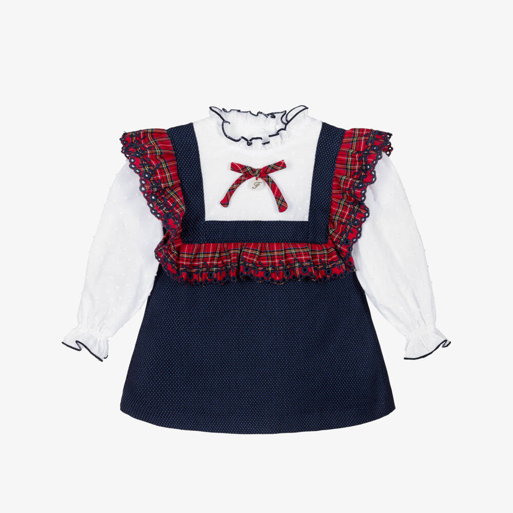 Foque-Blue Tartan Trim Dress | Childrensalon Outlet