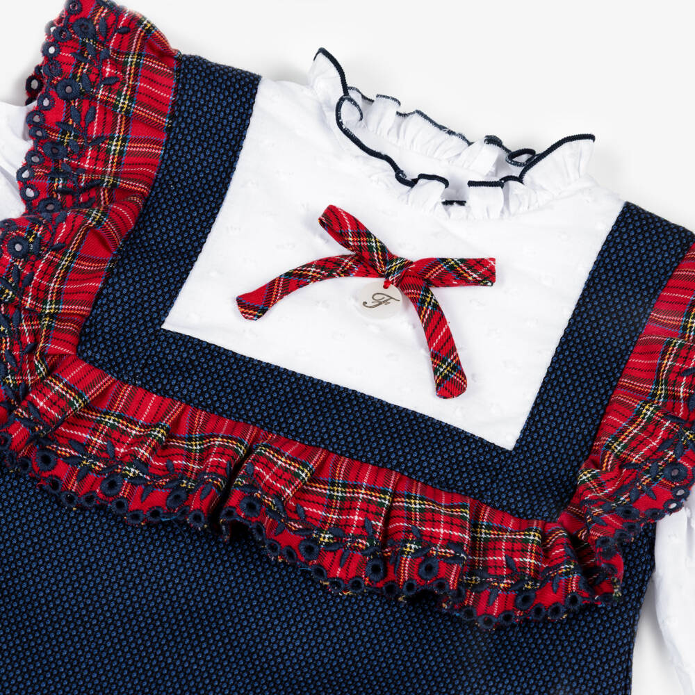 Foque-Blue Tartan Trim Dress | Childrensalon Outlet