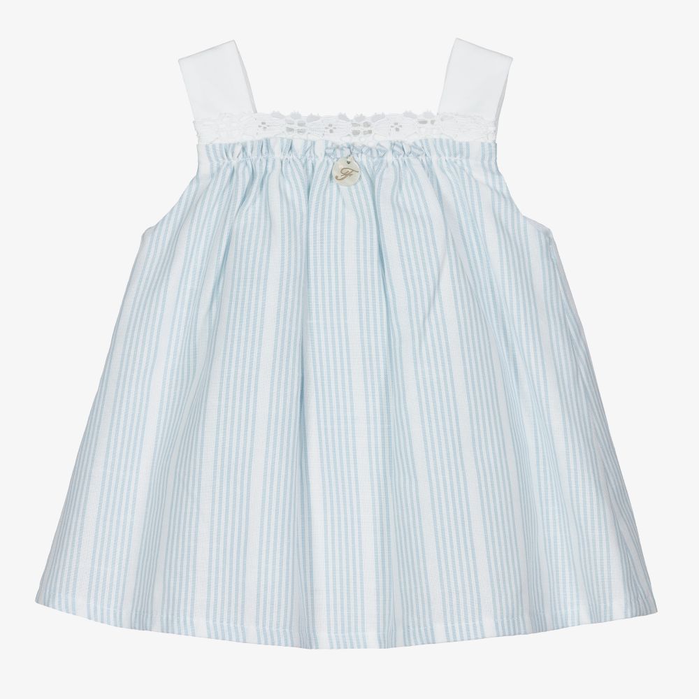 Foque - طقم فستان مزيج قطن وكتان لون أزرق وأبيض | Childrensalon