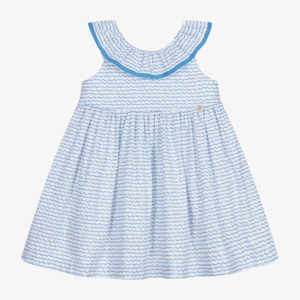 Foque - Платье из хлопка голубого и белого цвета | Childrensalon