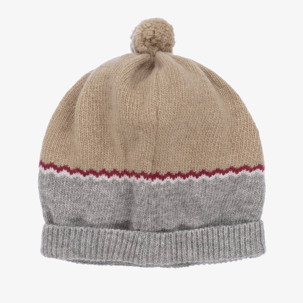 فوكيه-قبعة بوم-بوم مزيج صوف محبوك لون بيج ورمادي | Childrensalon Outlet