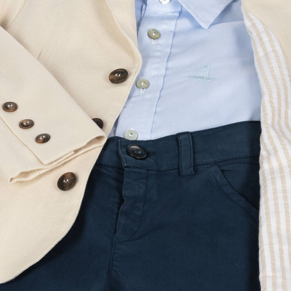 Foque-Boys Beige & Navy Blue Cotton Shorts Suit | Childrensalon Outlet