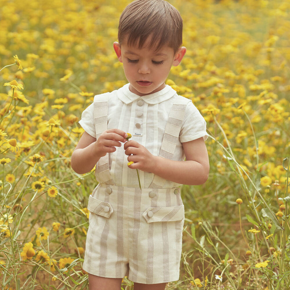 Foque-Boys Beige Stripe Cotton Shorts Set | Childrensalon Outlet