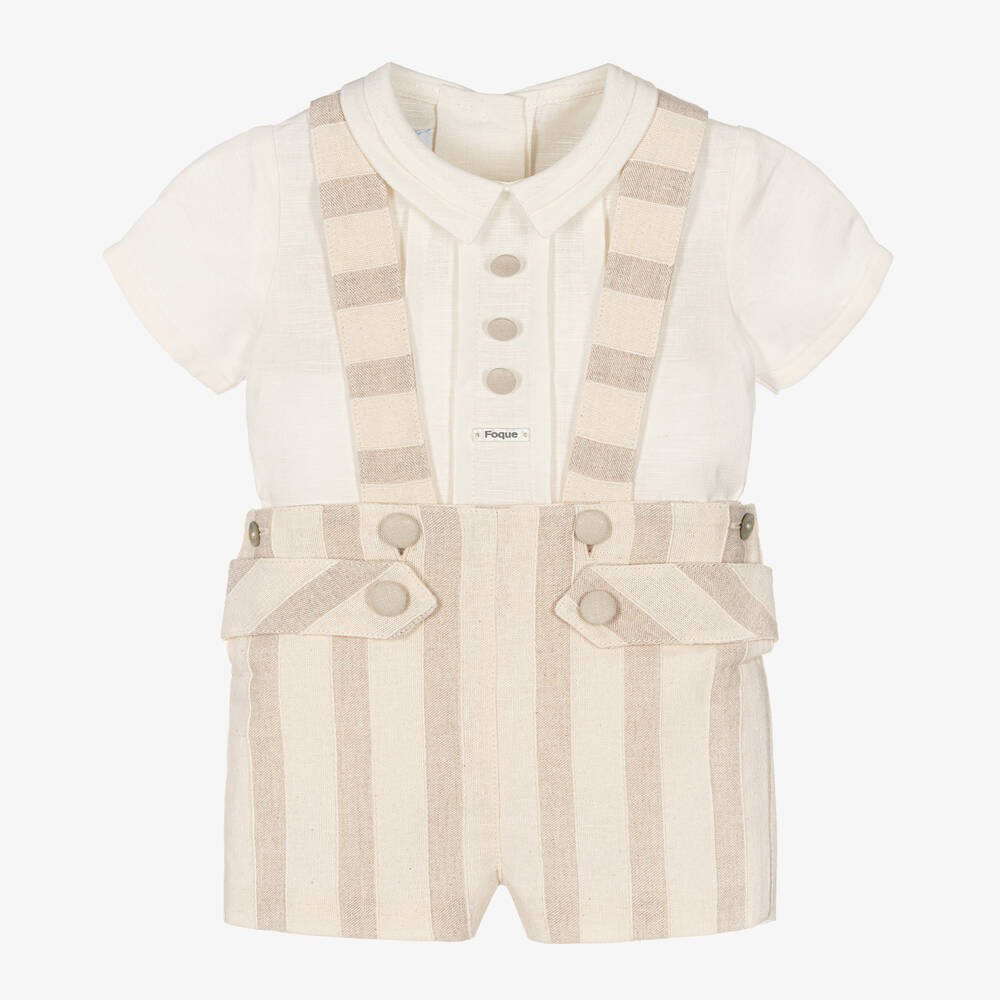 Foque-Boys Beige Stripe Cotton Shorts Set | Childrensalon Outlet
