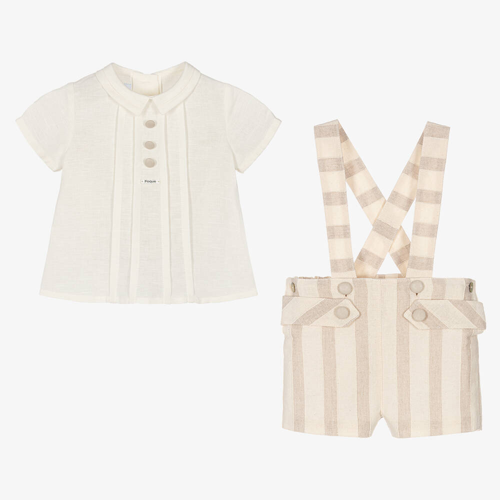 Foque-Boys Beige Stripe Cotton Shorts Set | Childrensalon Outlet