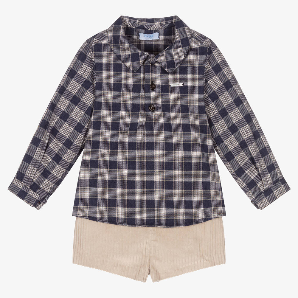 Foque - Синяя рубашка и бежевые шорты для мальчиков | Childrensalon