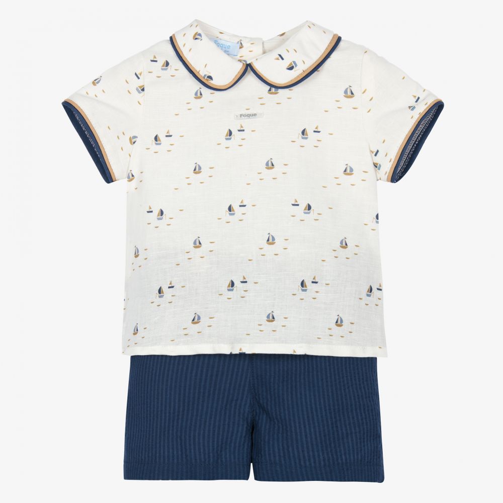 Foque - Синяя футболка с корабликами и шорты для мальчиков  | Childrensalon