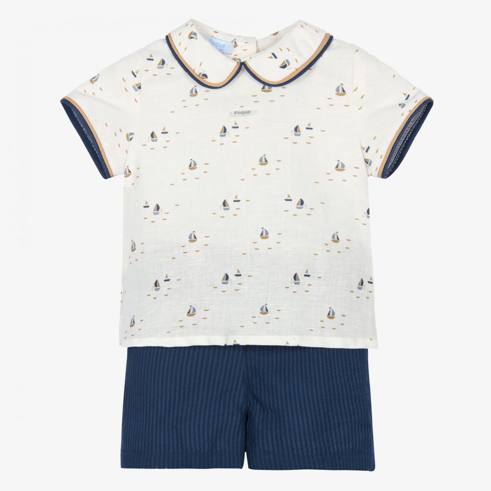 Foque - Boys Blue Boats Shorts Set  | Childrensalon