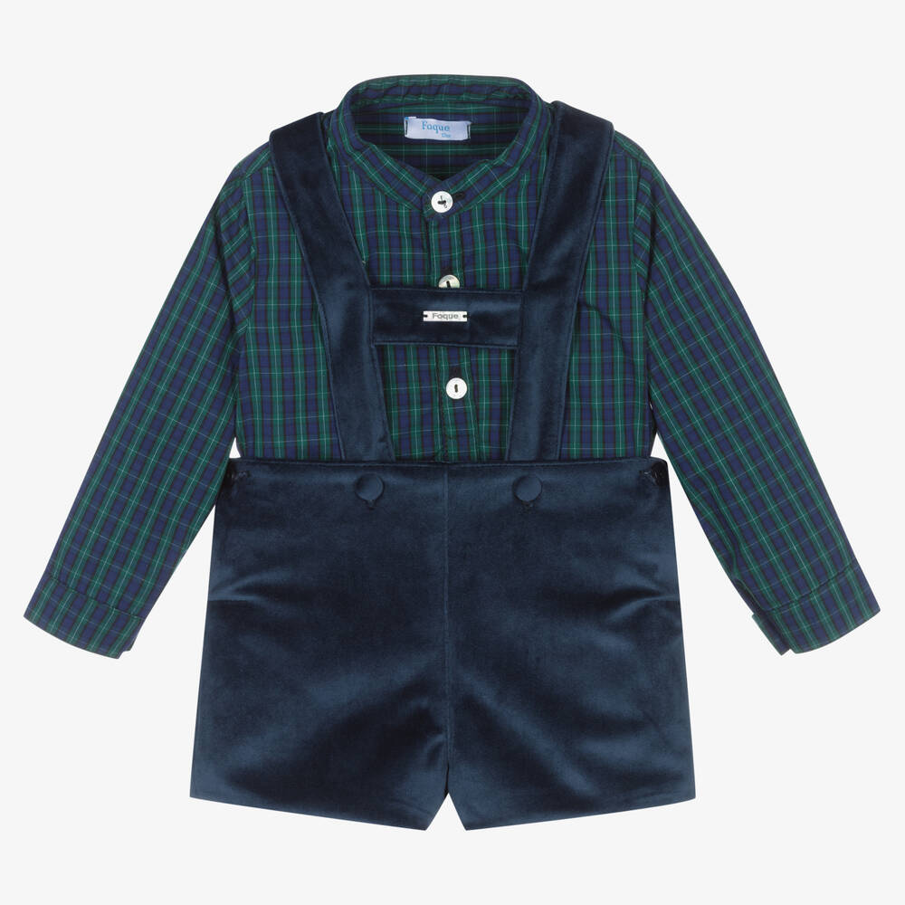 Foque - Рубашка в клетку и синие шорты на бретелях | Childrensalon