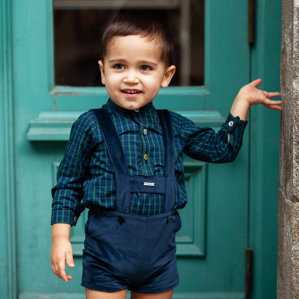 Foque Boys Blue Check Dungaree Shorts Set Childrensalon Outlet