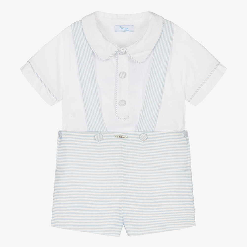 Foque - Белая рубашка и голубые шорты из хлопка и льна | Childrensalon