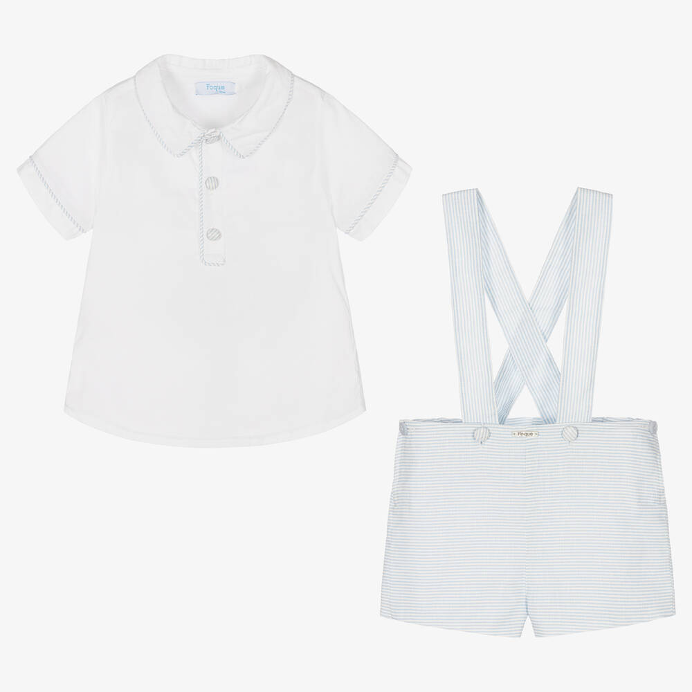 Foque-طقم شورت قطن وكتان لون أبيض وأزرق للأولاد | Childrensalon Outlet