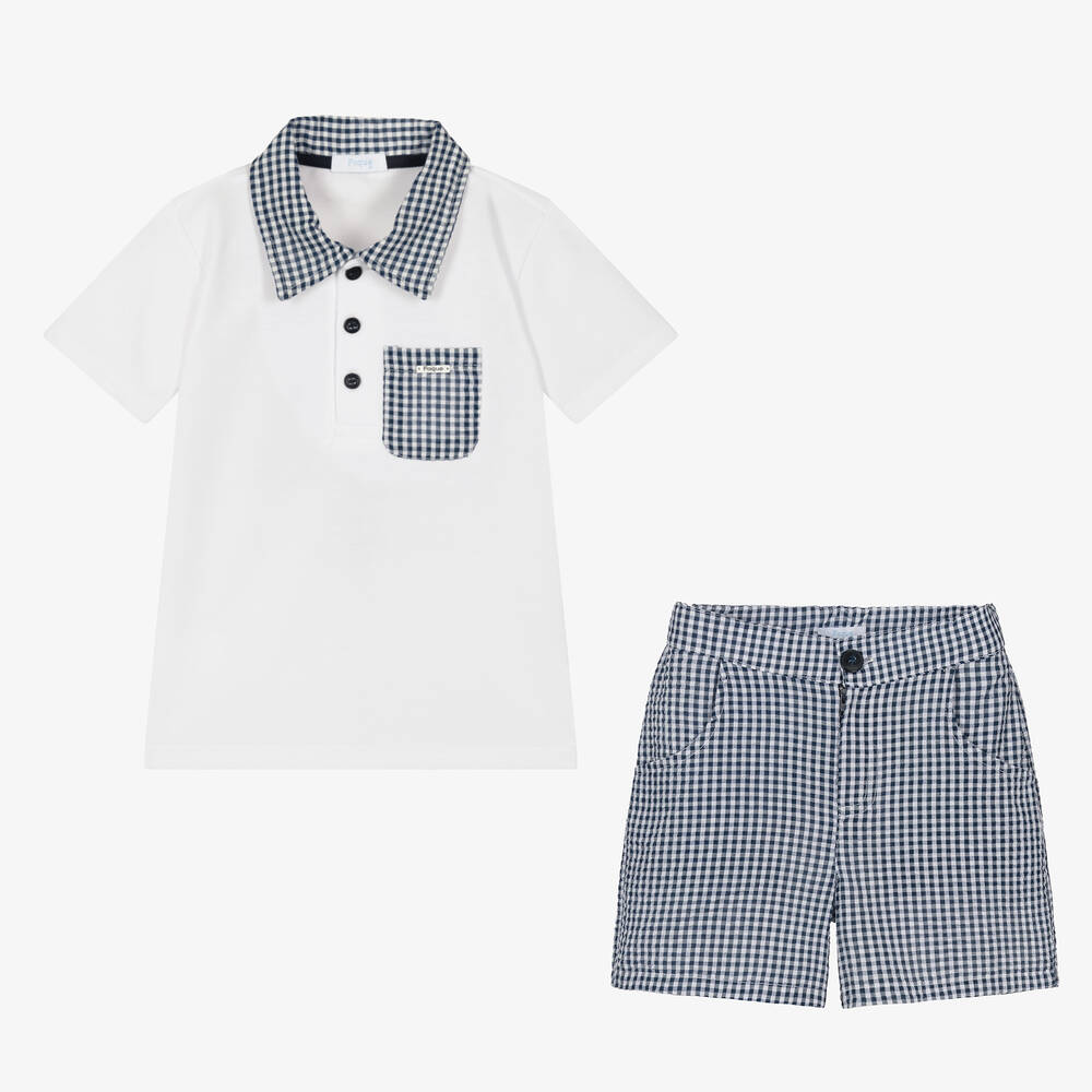 Foque-Boys Blue Gingham Cotton Shorts Set | Childrensalon Outlet