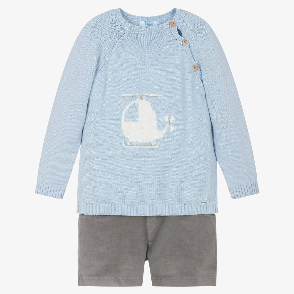 Foque - Boys Blue & Grey Cotton Shorts Set | Childrensalon