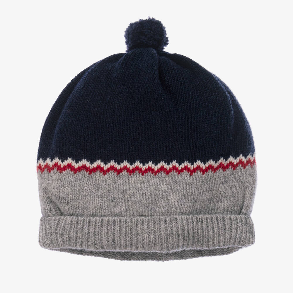 Foque-Boys Blue & Grey Wool Knit Pom-Pom Hat | Childrensalon Outlet